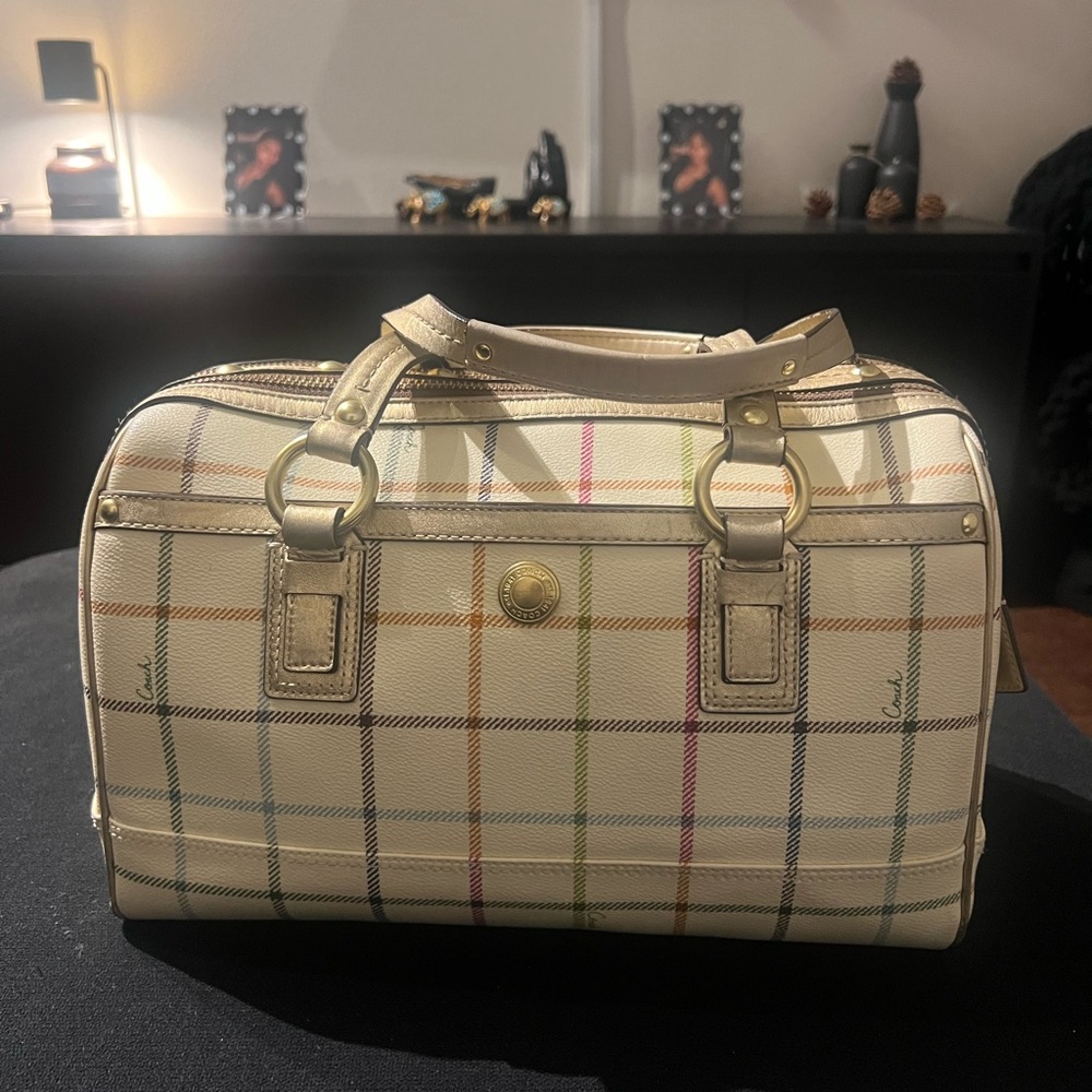 Coach XL Heritage Stripe Tattersal Double Zip Boston Satchel - Picture 3 of 11